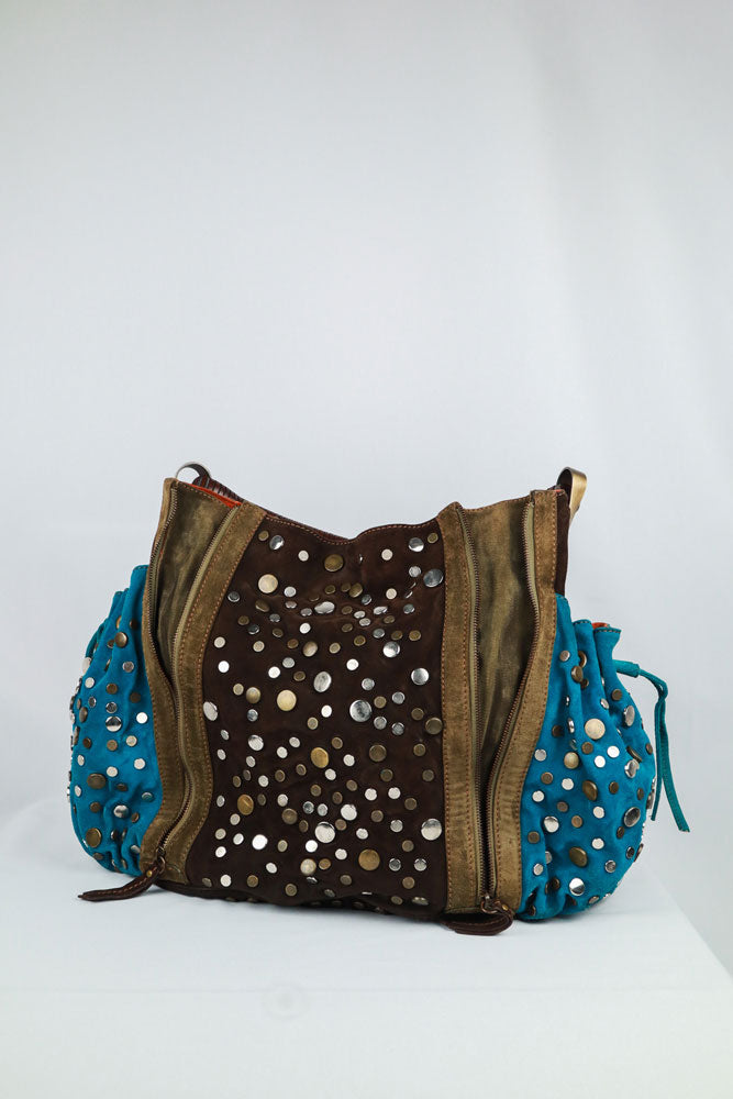 Kenzo 2000s Brown & Turquoise Studded Suede Bag