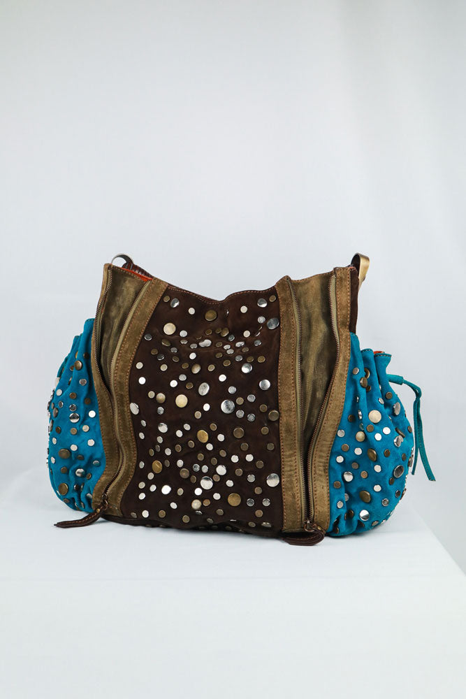 Kenzo 2000s Brown & Turquoise Studded Suede Bag