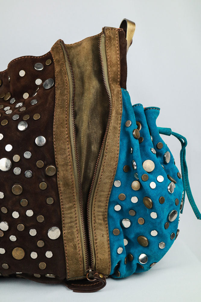 Kenzo 2000s Brown & Turquoise Studded Suede Bag