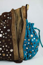 Kenzo 2000s Brown & Turquoise Studded Suede Bag