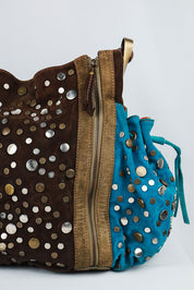 Kenzo 2000s Brown & Turquoise Studded Suede Bag