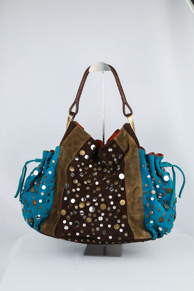 Kenzo 2000s Brown & Turquoise Studded Suede Bag