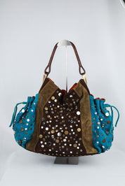 Kenzo 2000s Brown & Turquoise Studded Suede Bag