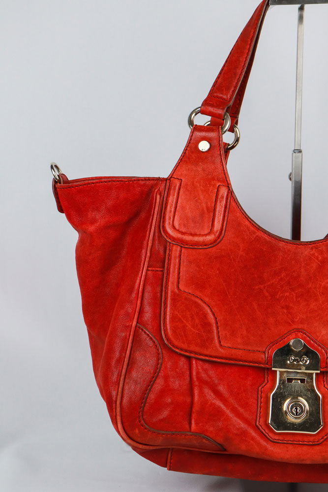 D&G 2000s Red Leather Shoulder Bag with Silver Lock
