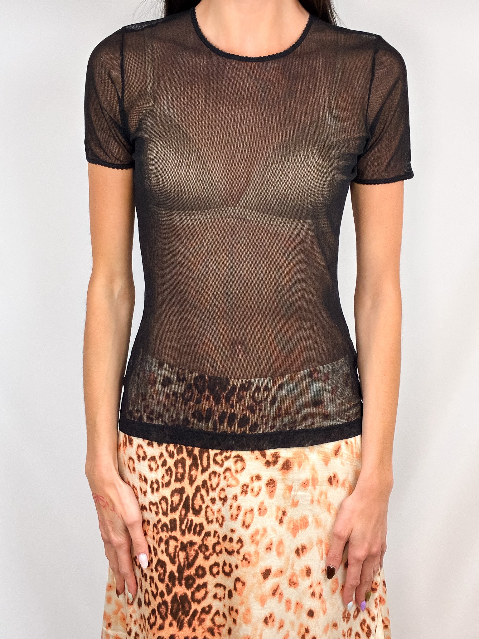 D&G Dolce & Gabbana Intimo 1990s Black Sheer Mesh Scallop Trim Tee - S/M
