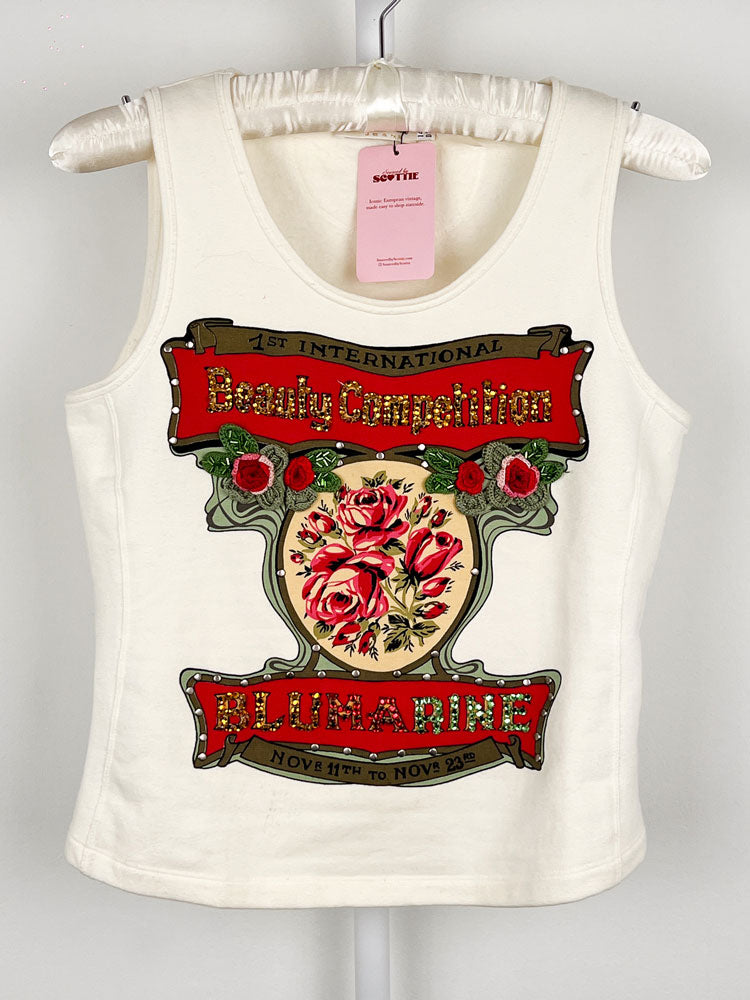 Blumarine 2000s Cream Beauty Competition Rhinestone Graphic Tank - L