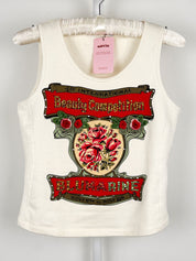 Blumarine 2000s Cream Beauty Competition Rhinestone Graphic Tank - L