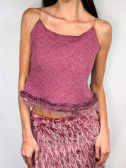 Ermanno Scervino 2000s Pink Wool Tweed Fur Trim Cami Top - M