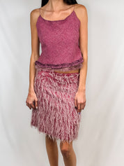 Ermanno Scervino 2000s Pink Wool Tweed Fur Trim Cami Top - M