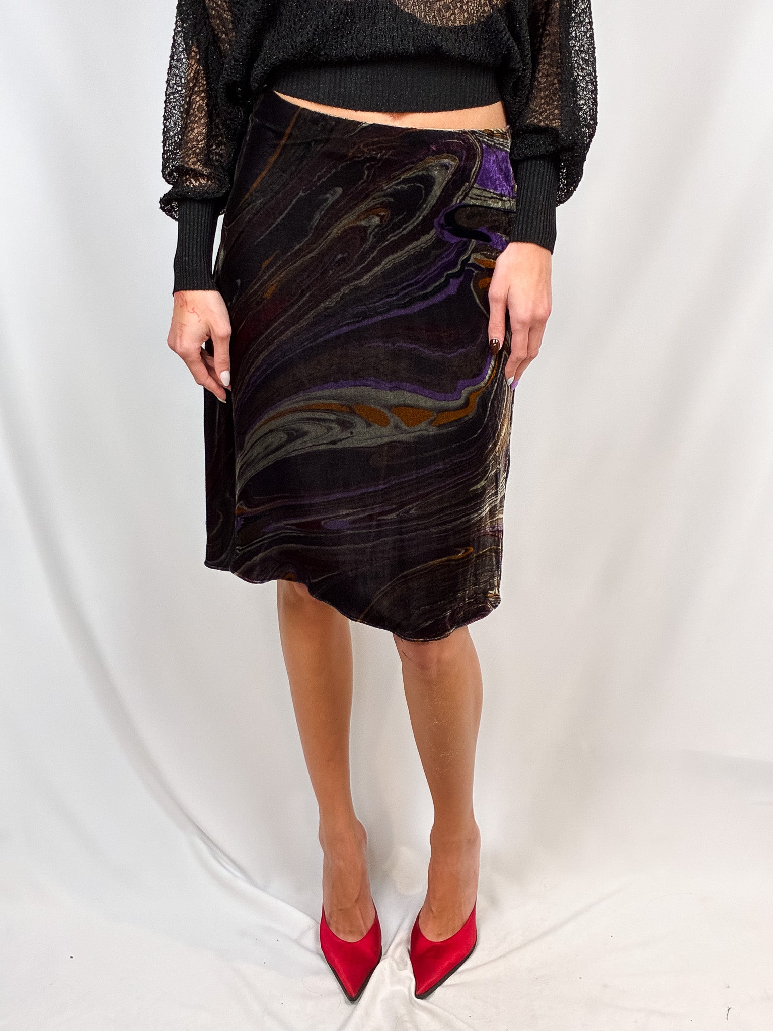 Etro 2000s Purple Marble Swirl Velvet Midi Skirt - S