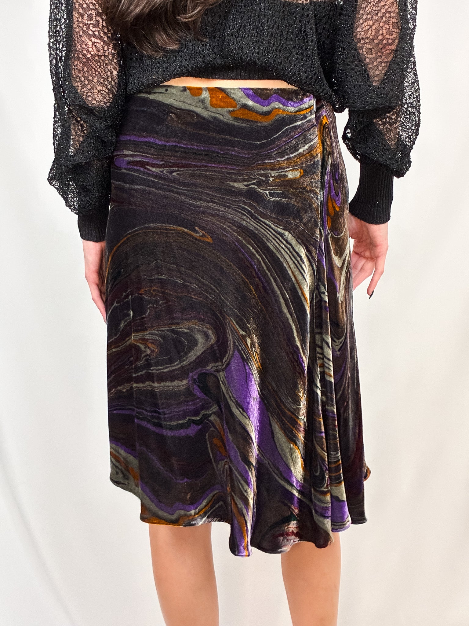 Etro 2000s Purple Marble Swirl Velvet Midi Skirt - S