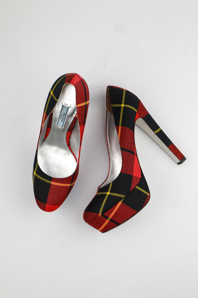 Prada 2000s Tartan Plaid Platform Heels - EU 40