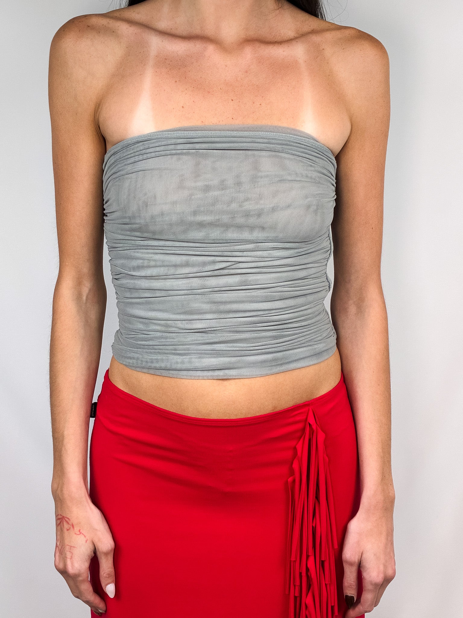 Emporio Armani 2000s Grey Mesh Ruched Strapless Top - S/M