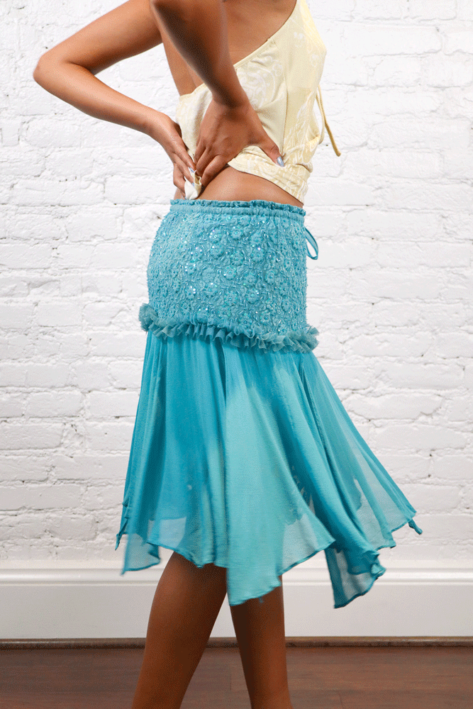 Silk Teal Sequin Skirt