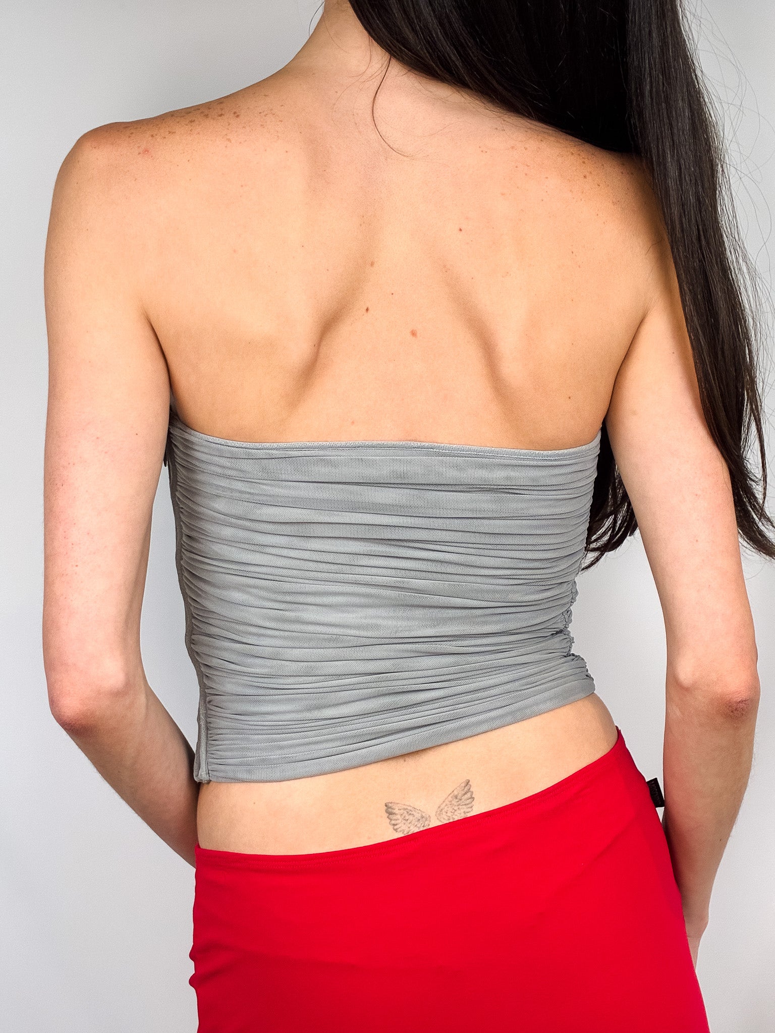 Emporio Armani 2000s Grey Mesh Ruched Strapless Top - S/M