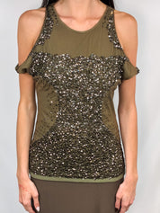 Patrizia Pepe 2000s Olive Sequin Cold-Shoulder Top - S/M