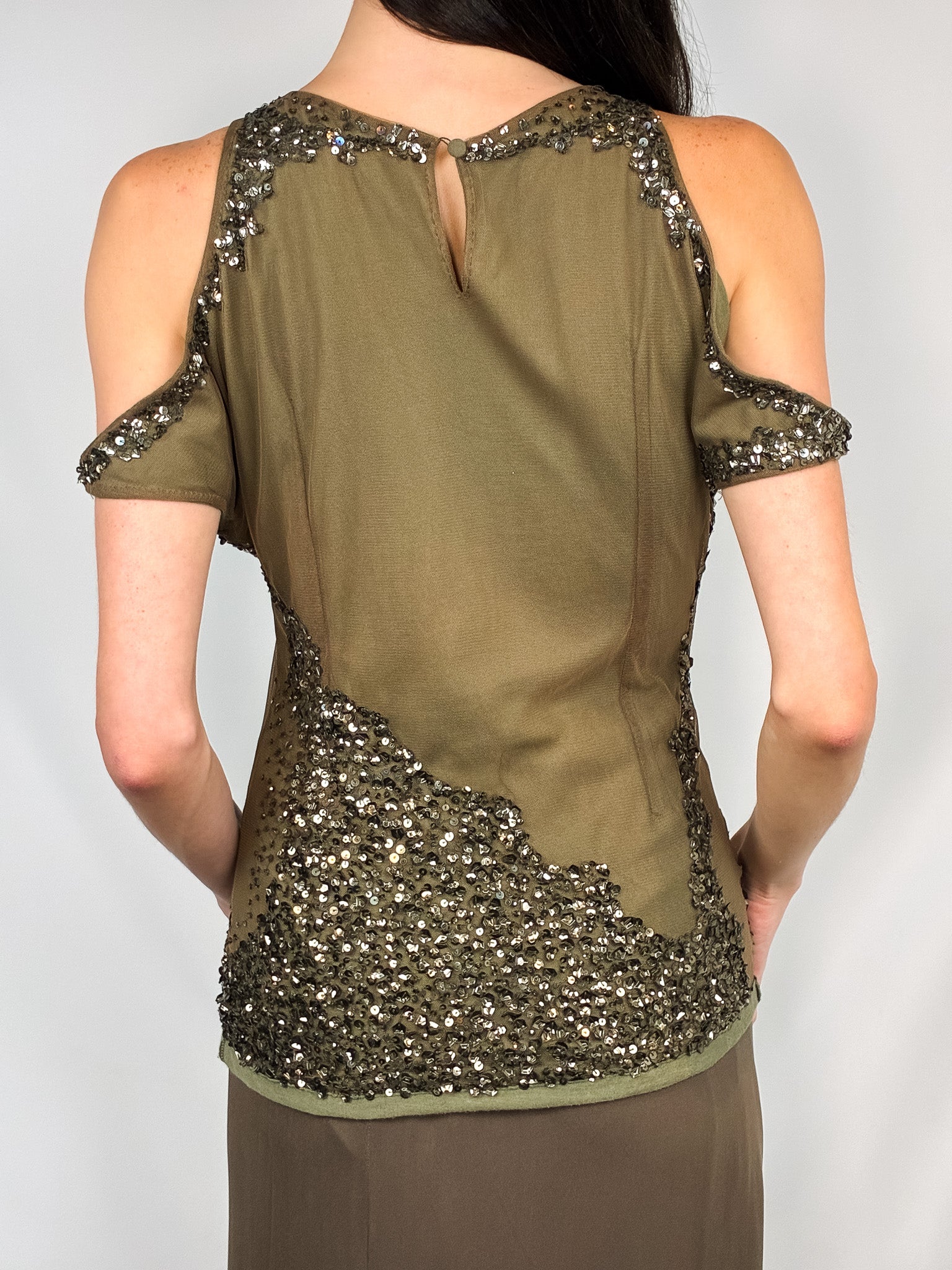 Patrizia Pepe 2000s Olive Sequin Cold-Shoulder Top - S/M