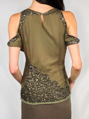 Patrizia Pepe 2000s Olive Sequin Cold-Shoulder Top - S/M