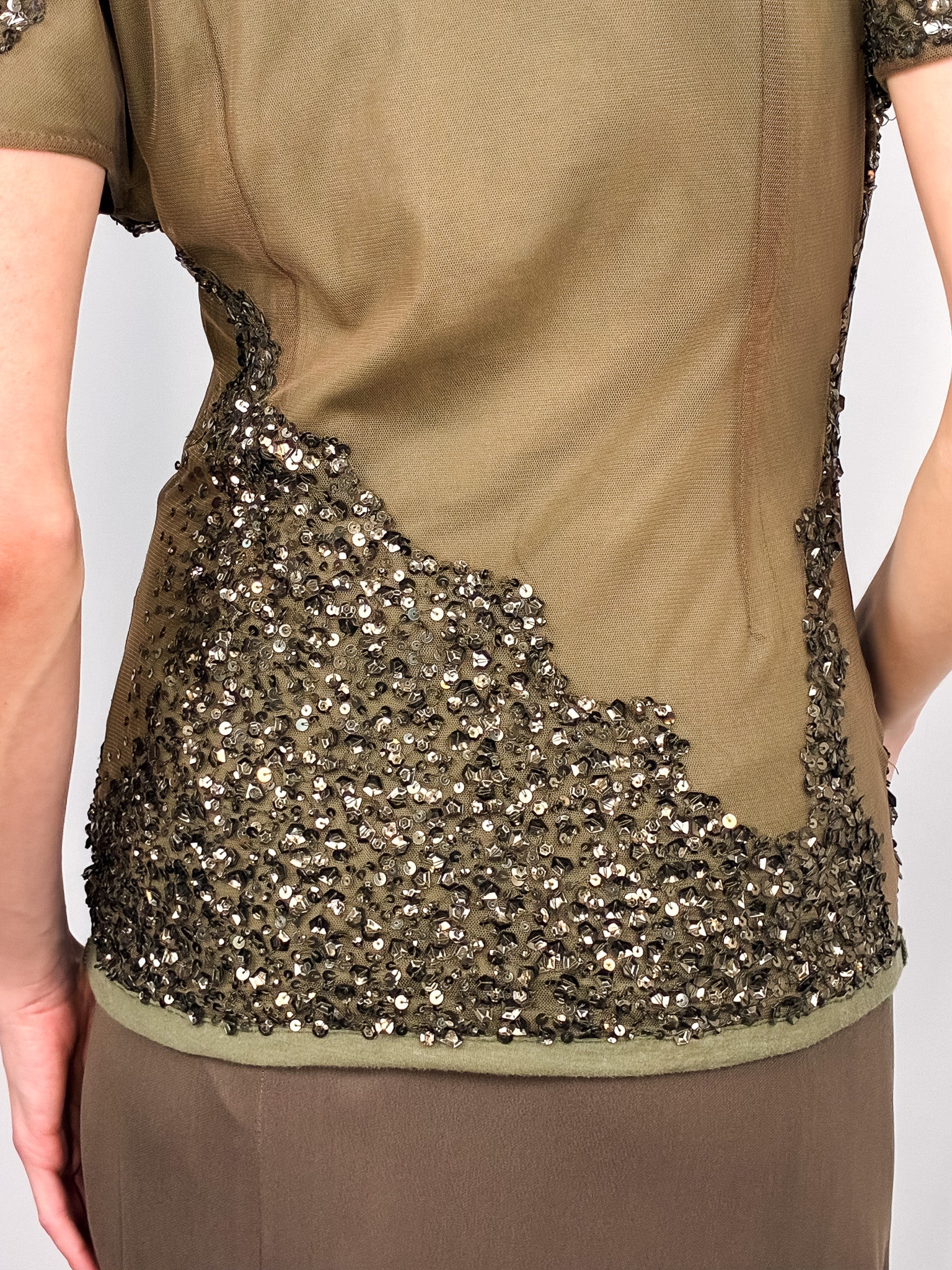 Patrizia Pepe 2000s Olive Sequin Cold-Shoulder Top - S/M
