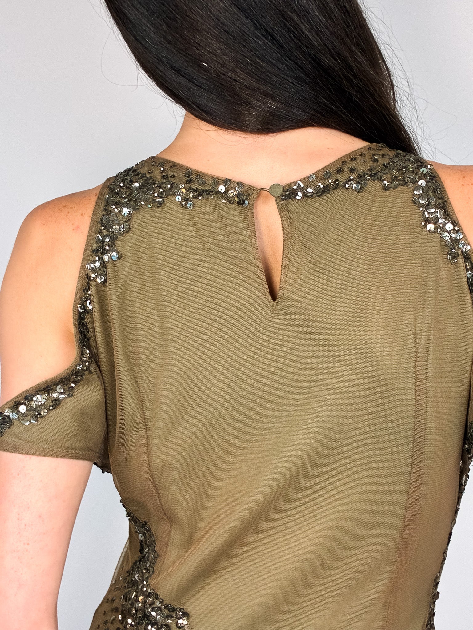 Patrizia Pepe 2000s Olive Sequin Cold-Shoulder Top - S/M
