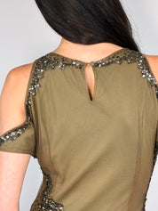 Patrizia Pepe 2000s Olive Sequin Cold-Shoulder Top - S/M