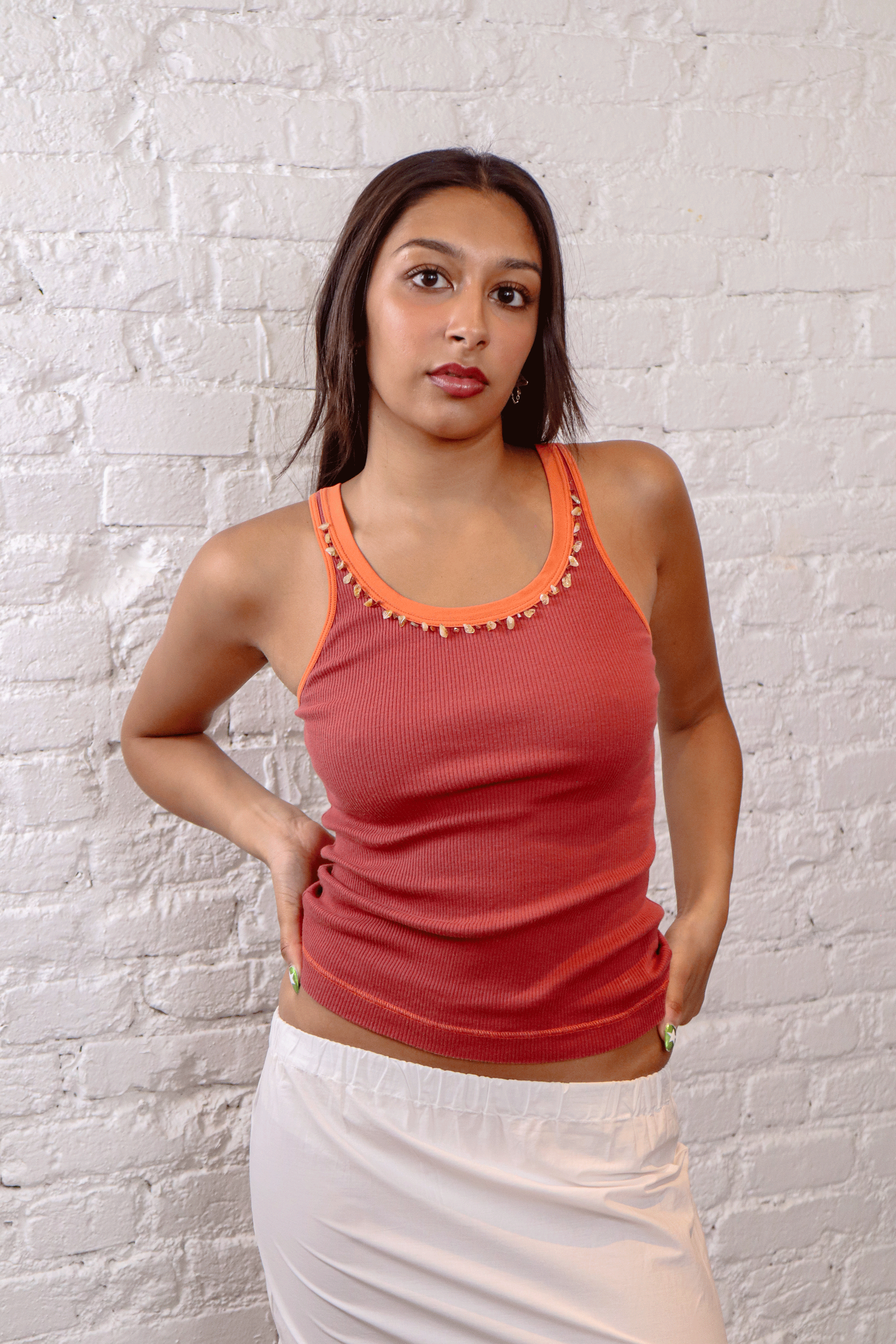 Pinko Tank Top w/ Stone Neckline Red