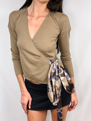 Emilio Pucci 2000s Taupe Wool Wrap Top with Silk Scarf Belt - S/M