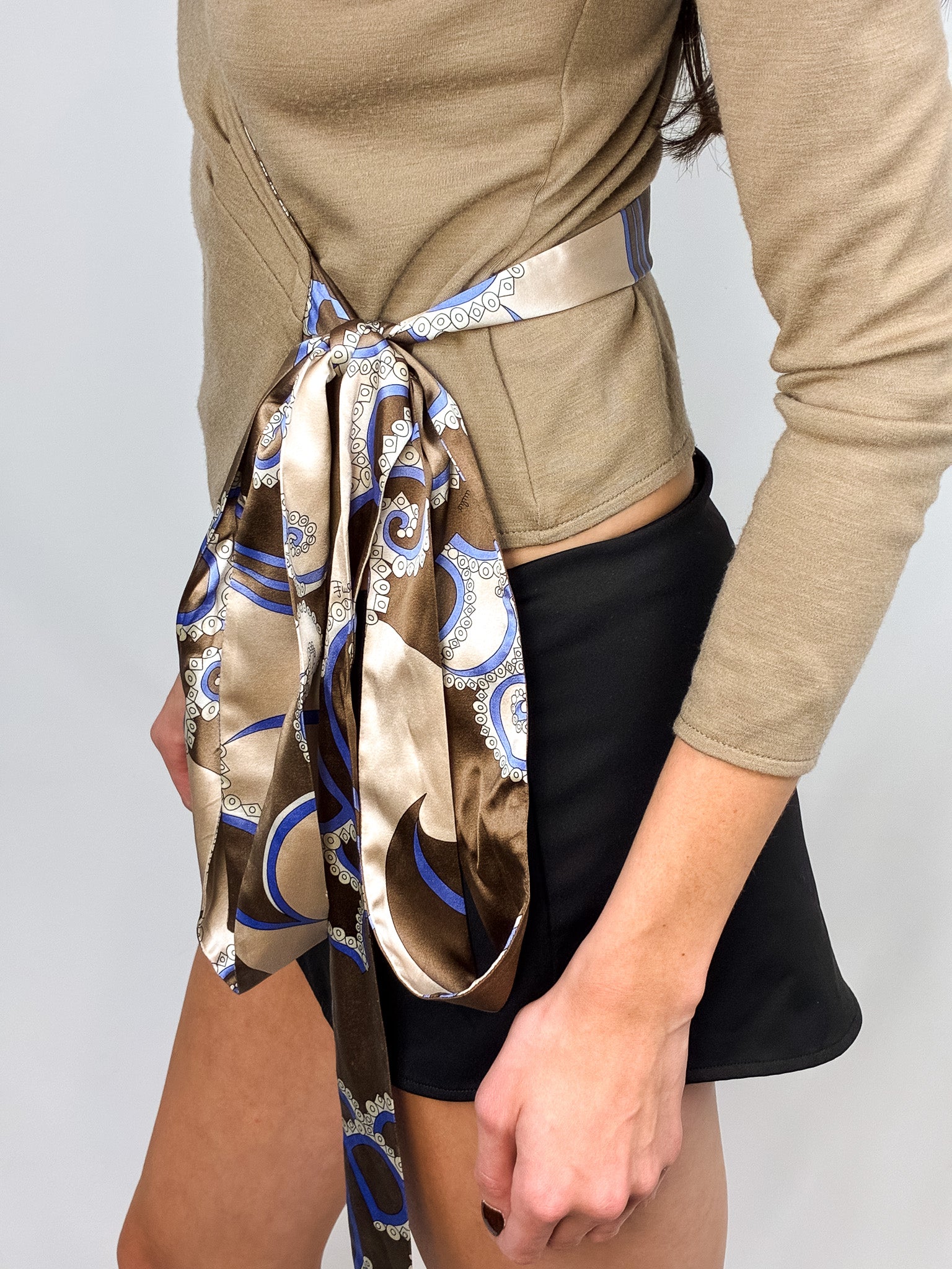 Emilio Pucci 2000s Taupe Wool Wrap Top with Silk Scarf Belt - S/M