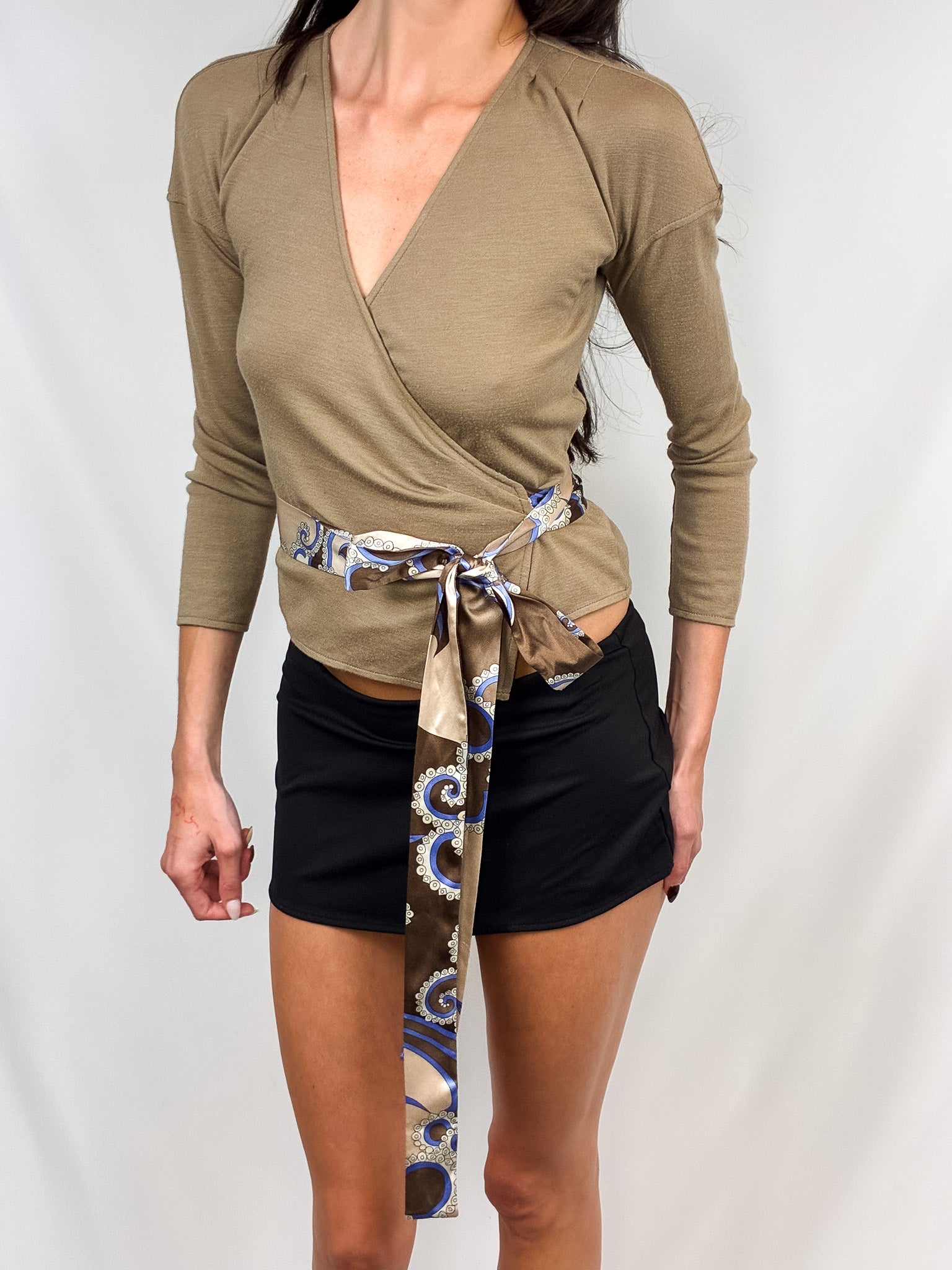 Emilio Pucci 2000s Taupe Wool Wrap Top with Silk Scarf Belt - S/M