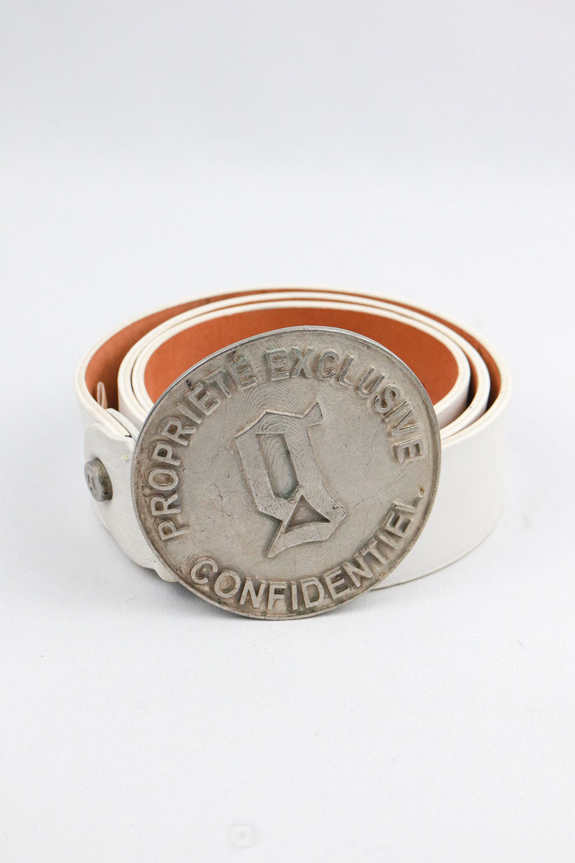 John Galliano 2000s White Leather “Propriété Exclusive Confidentiel” Belt