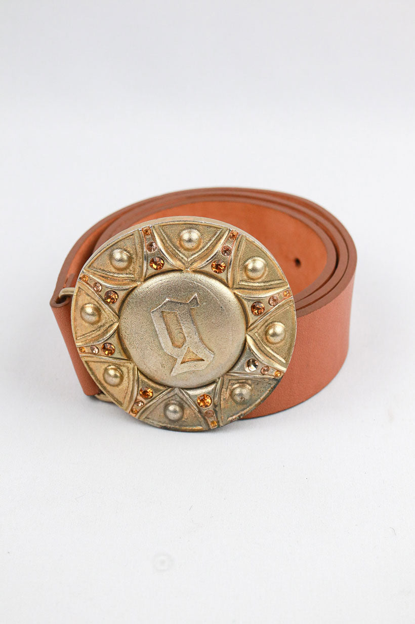John Galliano 2000s Gold Medallion Leather Belt with Rhinestone Detailing