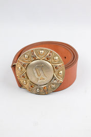 John Galliano 2000s Gold Medallion Leather Belt with Rhinestone Detailing