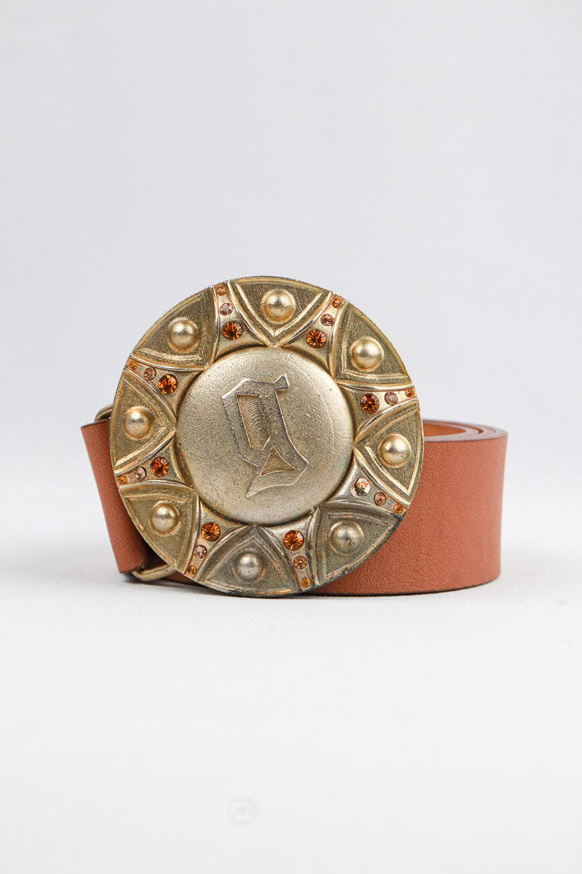 John Galliano 2000s Gold Medallion Leather Belt with Rhinestone Detailing