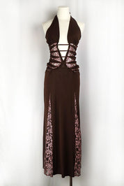 2000s Brown Halter Maxi Dress with Pink Lace Panels