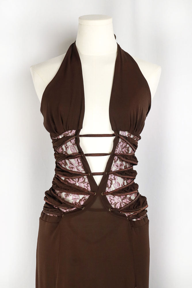 2000s Brown Halter Maxi Dress with Pink Lace Panels