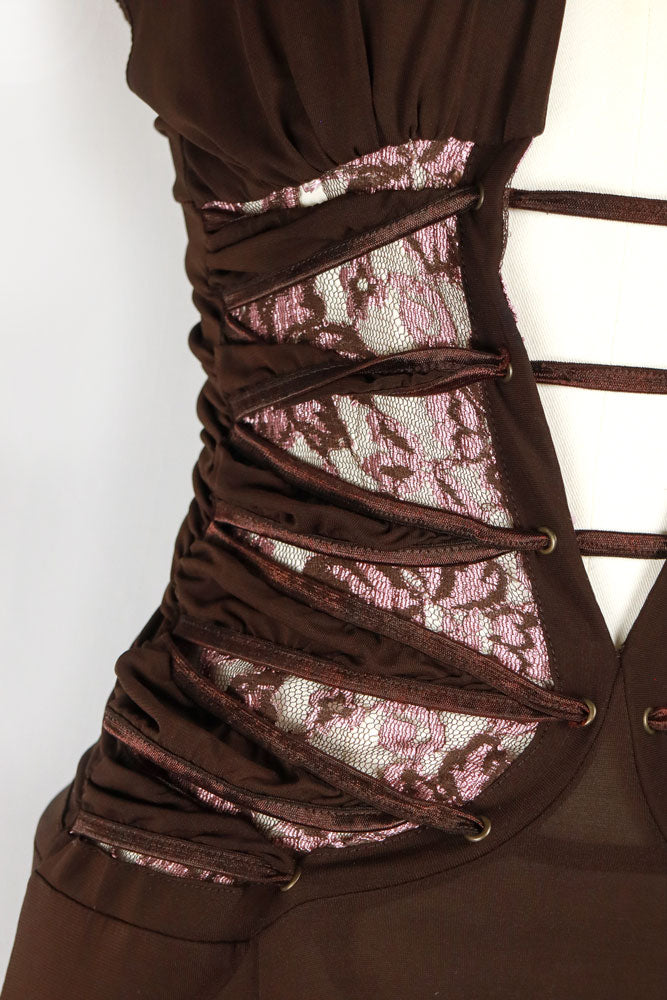 2000s Brown Halter Maxi Dress with Pink Lace Panels