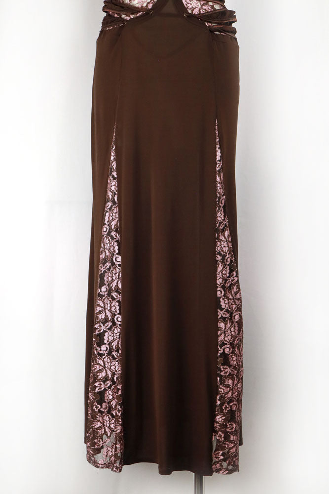 2000s Brown Halter Maxi Dress with Pink Lace Panels