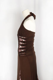 2000s Brown Halter Maxi Dress with Pink Lace Panels
