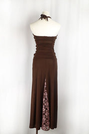 2000s Brown Halter Maxi Dress with Pink Lace Panels