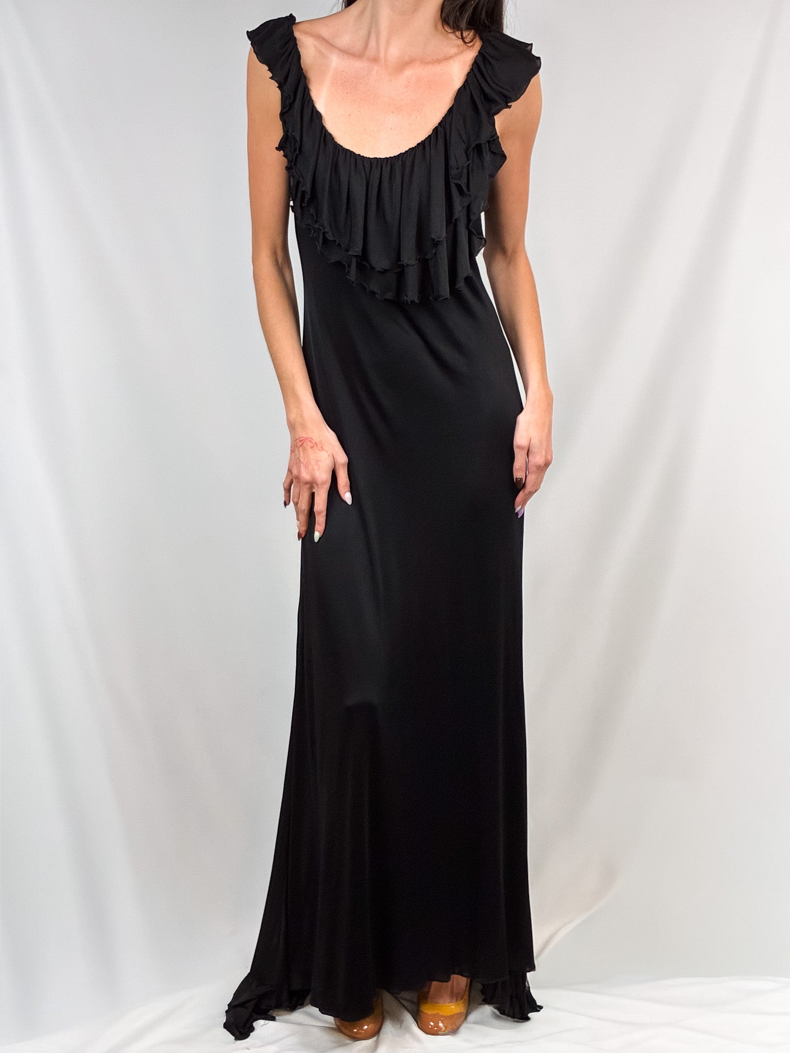 Vera Wang 2000s Black Draped Ruffle Maxi Gown - M/L
