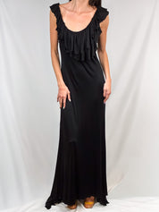 Vera Wang 2000s Black Draped Ruffle Maxi Gown - M/L