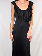 Vera Wang 2000s Black Draped Ruffle Maxi Gown - M/L