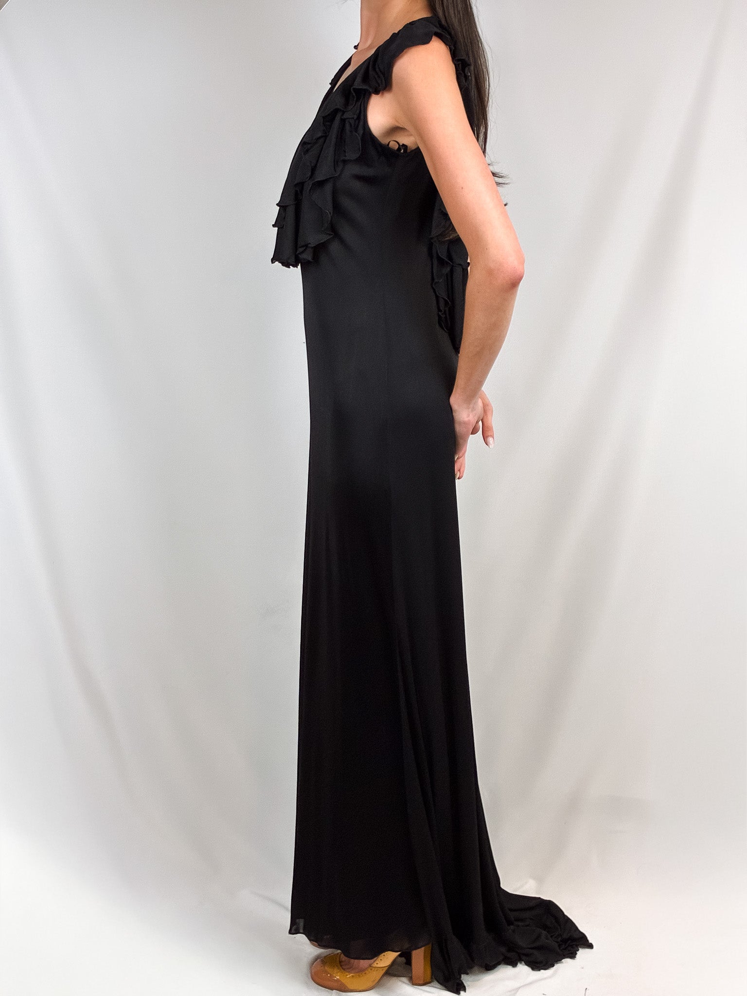 Vera Wang 2000s Black Draped Ruffle Maxi Gown - M/L