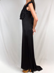 Vera Wang 2000s Black Draped Ruffle Maxi Gown - M/L