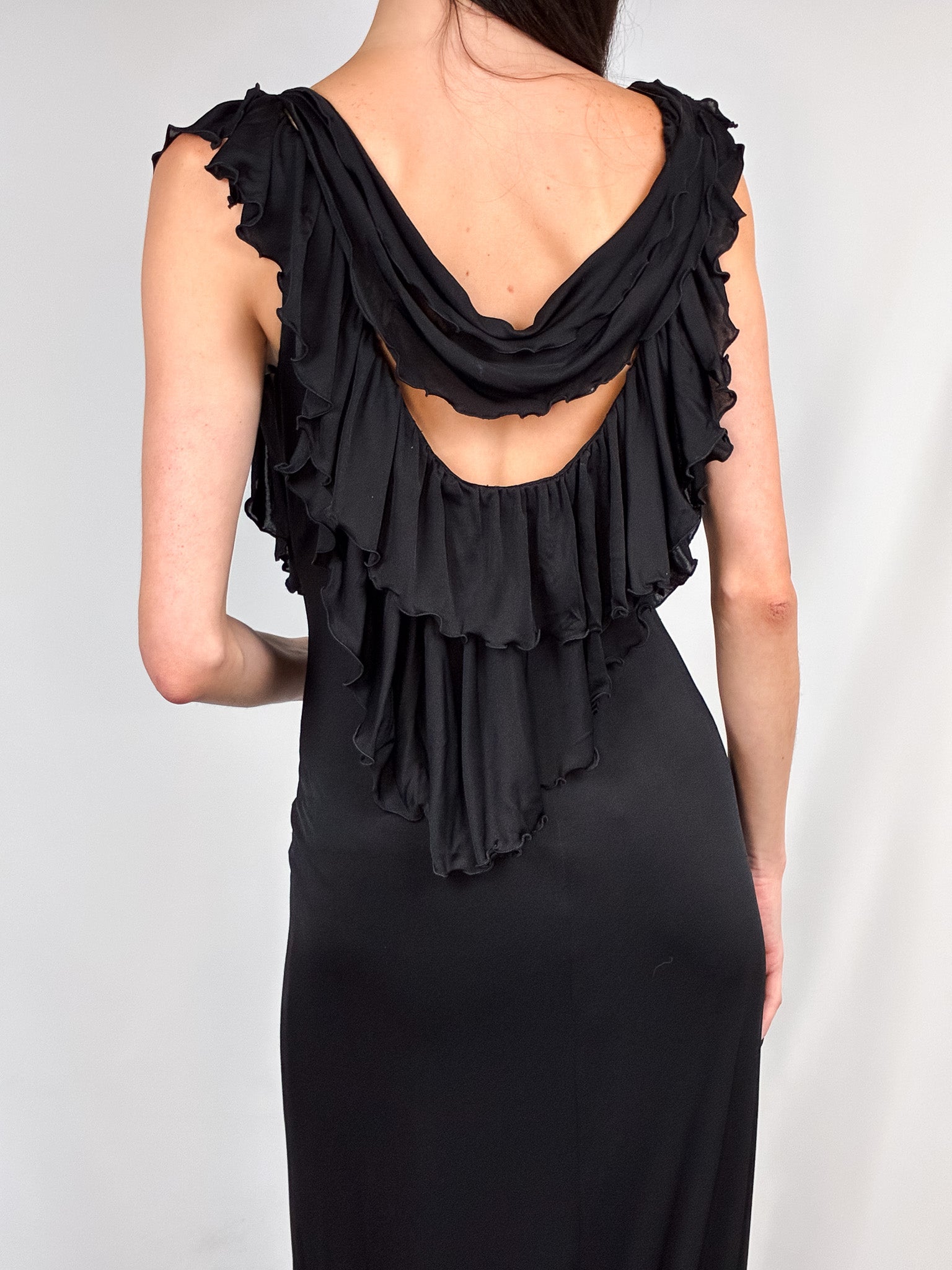 Vera Wang 2000s Black Draped Ruffle Maxi Gown - M/L