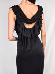 Vera Wang 2000s Black Draped Ruffle Maxi Gown - M/L