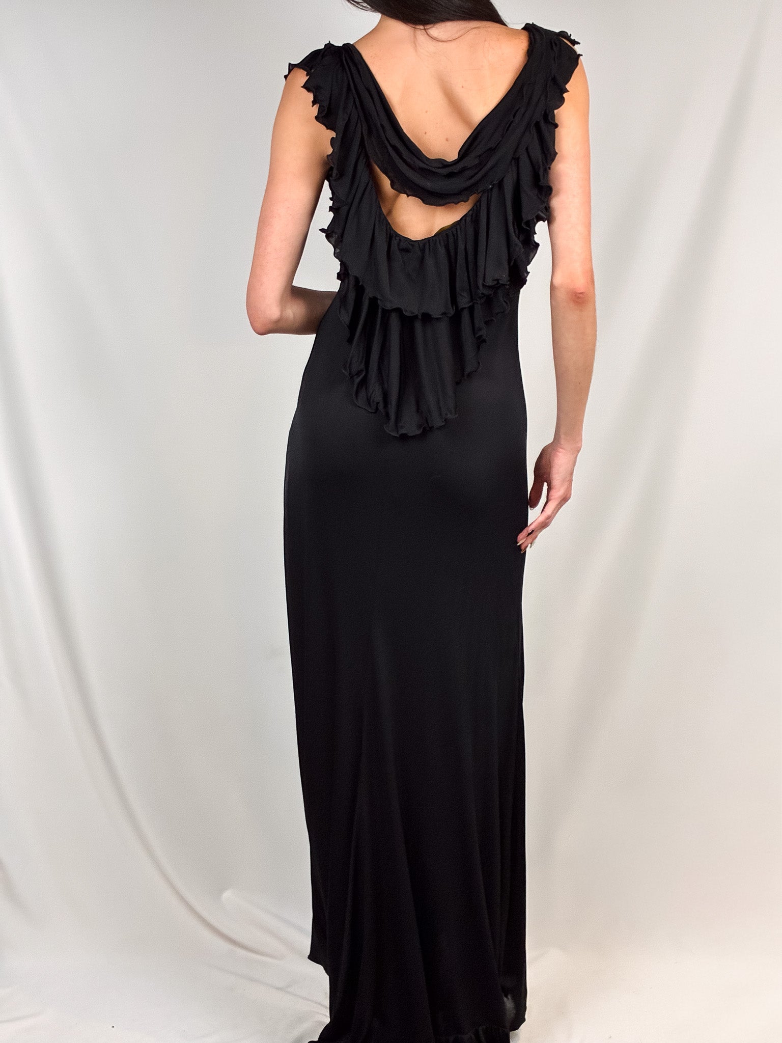 Vera Wang 2000s Black Draped Ruffle Maxi Gown - M/L