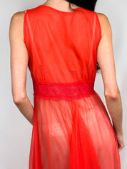 Frederick's of Hollywood 1970s Red Sheer Lace Peignoir - M-XL