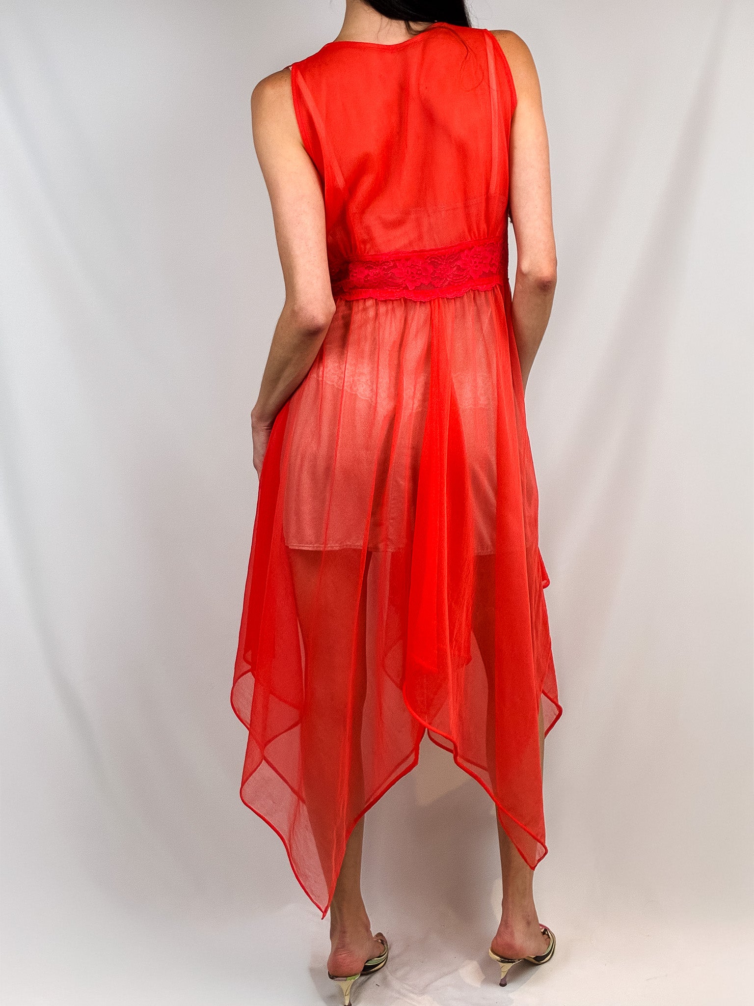 Frederick's of Hollywood 1970s Red Sheer Lace Peignoir - M-XL