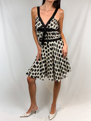 Patrizia Pepe Firenze 2000s Black and Ivory Silk Polka Dot Ruffle Bust Midi Dress - S/M